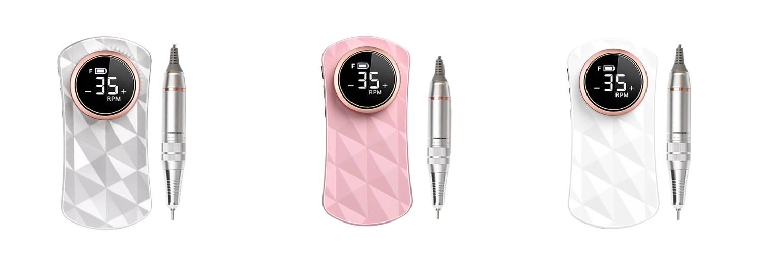 Collage of nail art designs and a digital nail drill machine