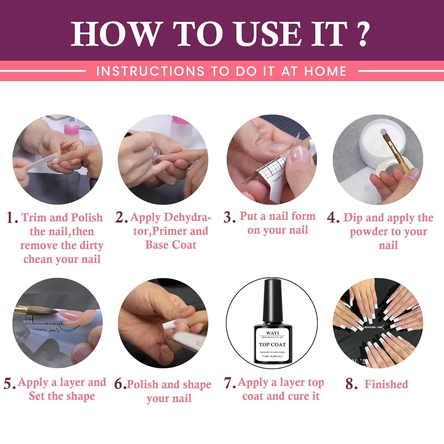 Crystal powder gel nails on manicured hands