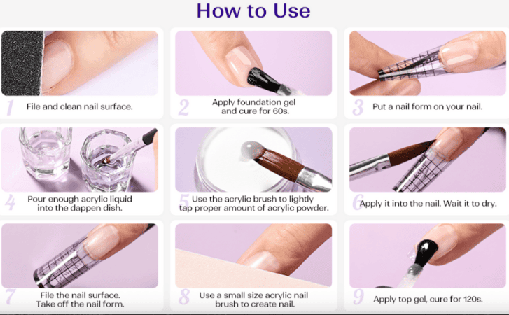 A nail technician applying acrylic powder with liquid monomer.